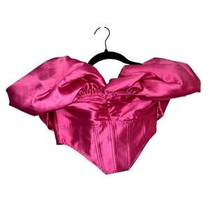 Nasty Gal – Satin Twill Bardot Puff Sleeve Corset Top – Pink – 0